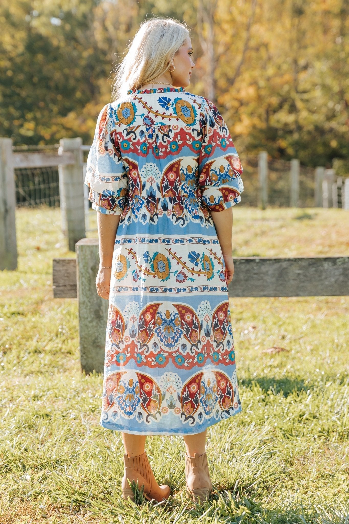 Blue Multi Border Print Midi Dress