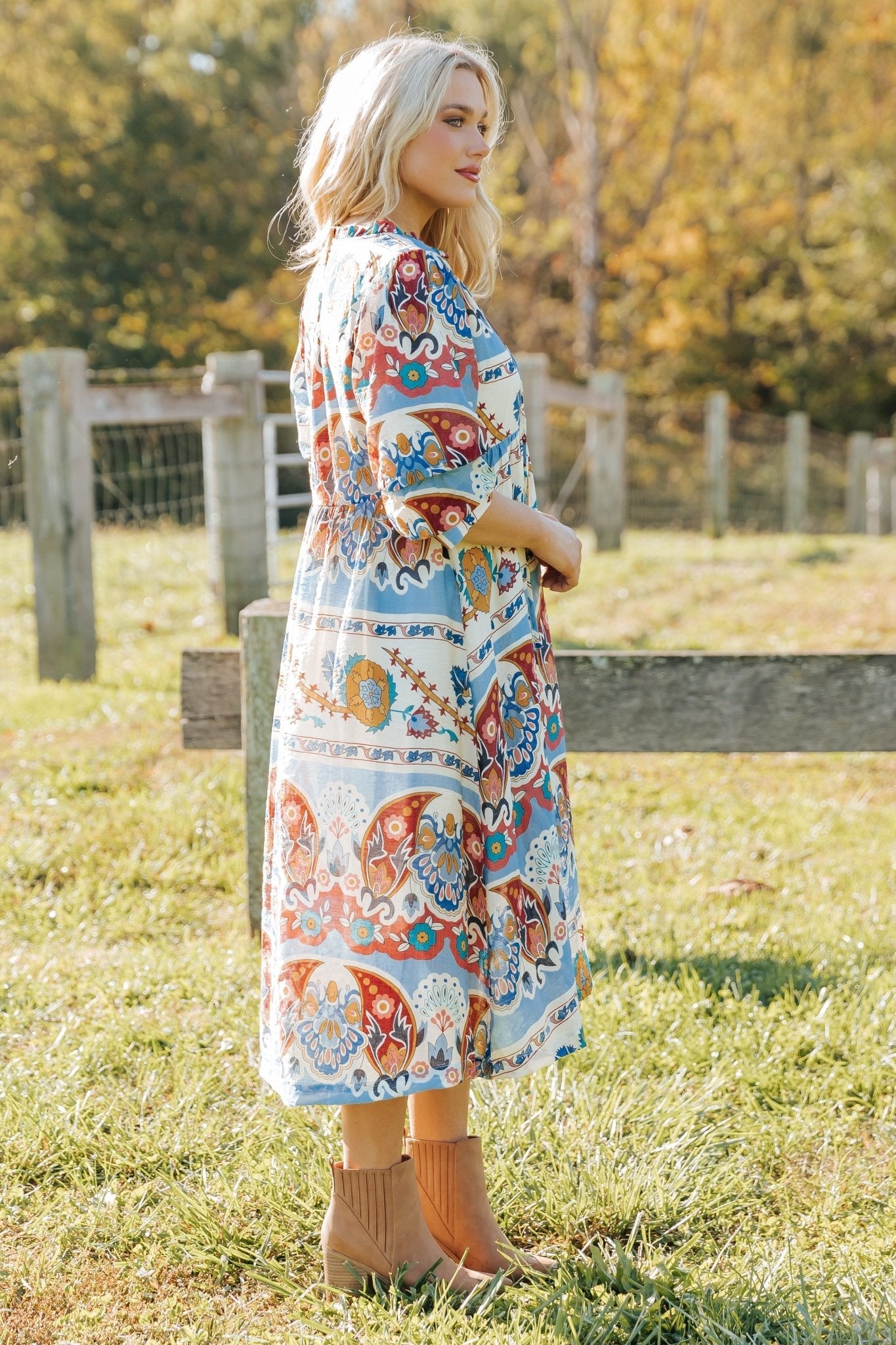 Blue Multi Border Print Midi Dress