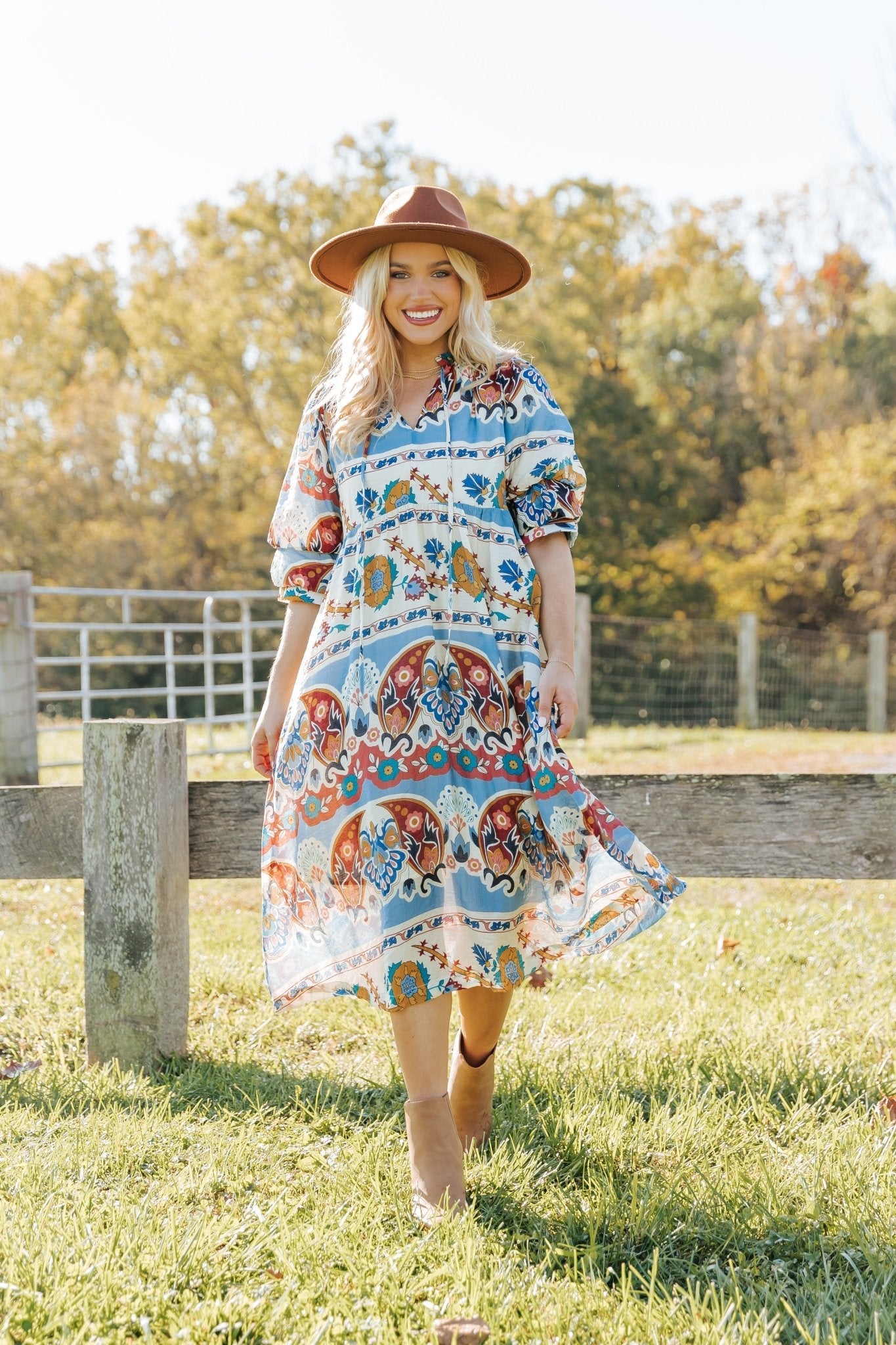 Blue Multi Border Print Midi Dress