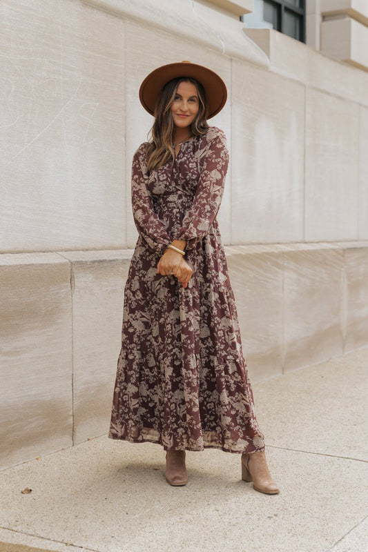 Brown Floral Long Sleeve Maxi Dress