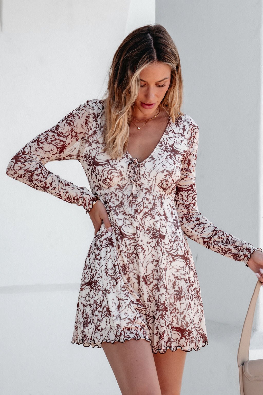 Brown Floral Print Romper Dress