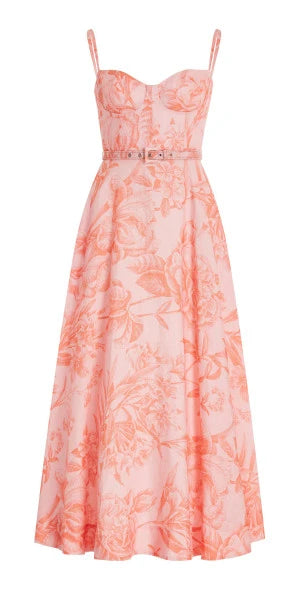 Floral Toile Printed Linen A-line Corset Gown - Pink
