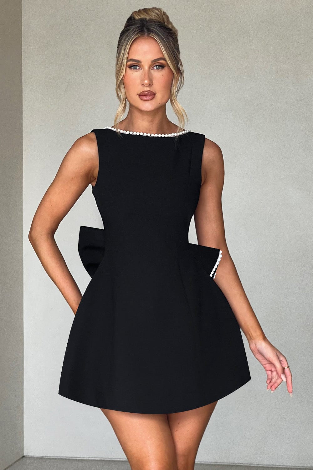 Bow Pearl Embellished Mini Dress