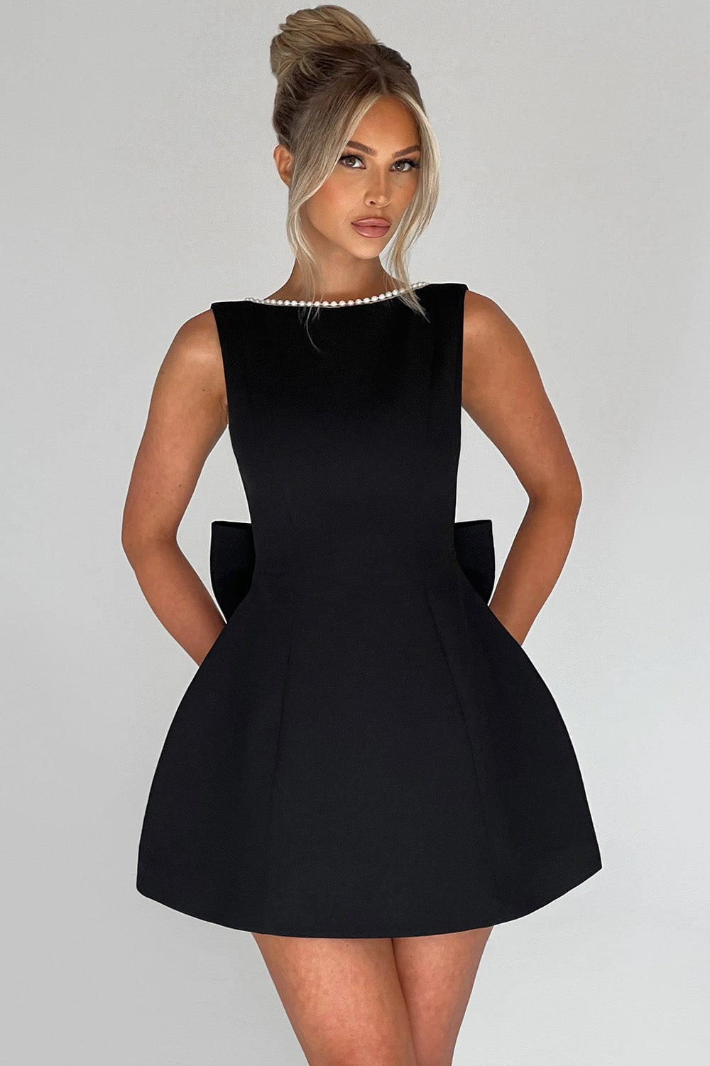 Bow Pearl Embellished Mini Dress