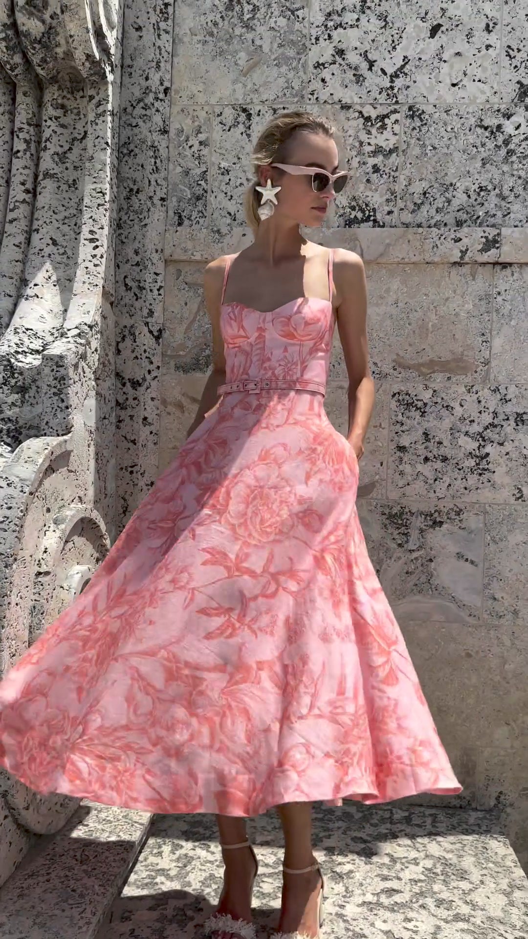 Floral Toile Printed Linen A-line Corset Gown - Pink