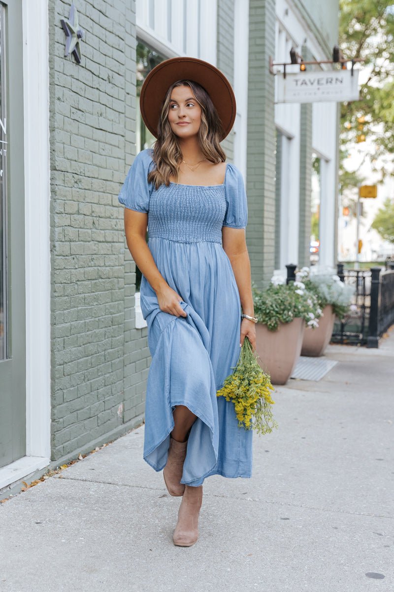 Chambray Puff Sleeve Tiered Midi Dress
