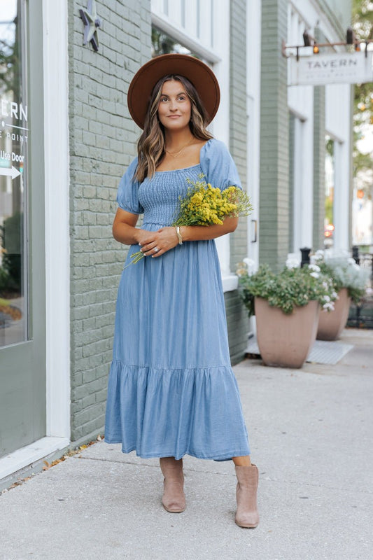 Chambray Puff Sleeve Tiered Midi Dress