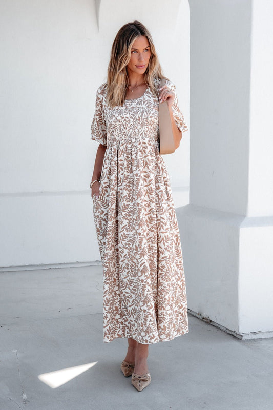 Cream Print Smocked Maxi Dress