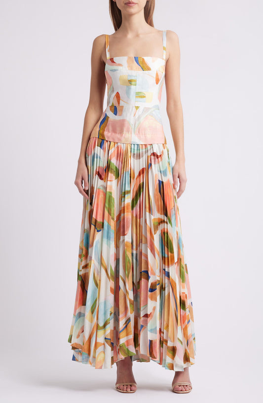 Abstract Print Open Back Linen Blend Maxi Dress