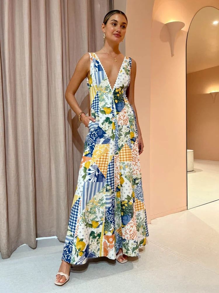 Exclusive Wavy Maxi Dress in Lemon Patchwork