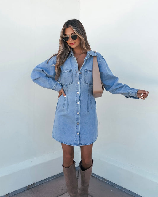 Denim Long Sleeve Button Down Mini Dress