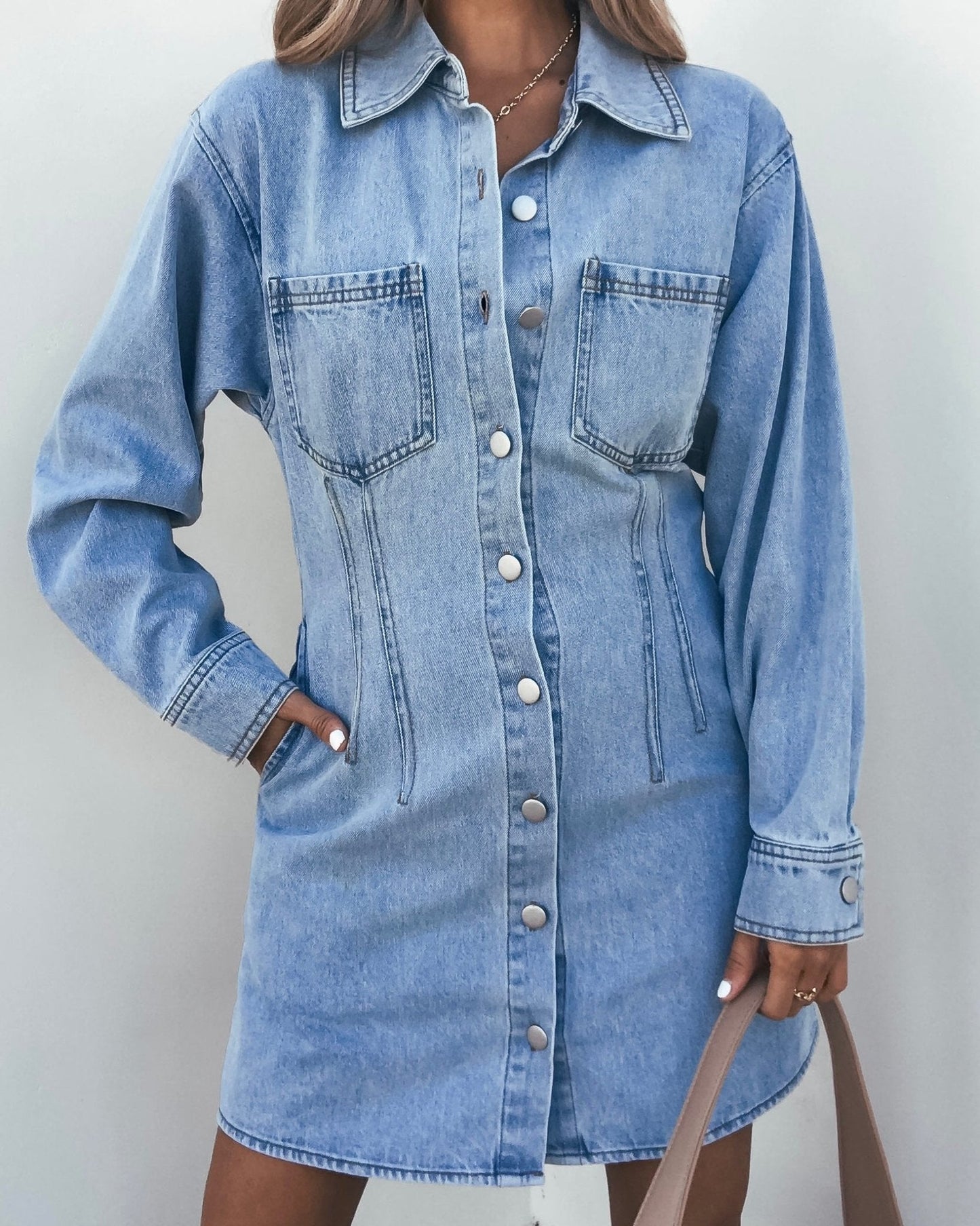 Denim Long Sleeve Button Down Mini Dress