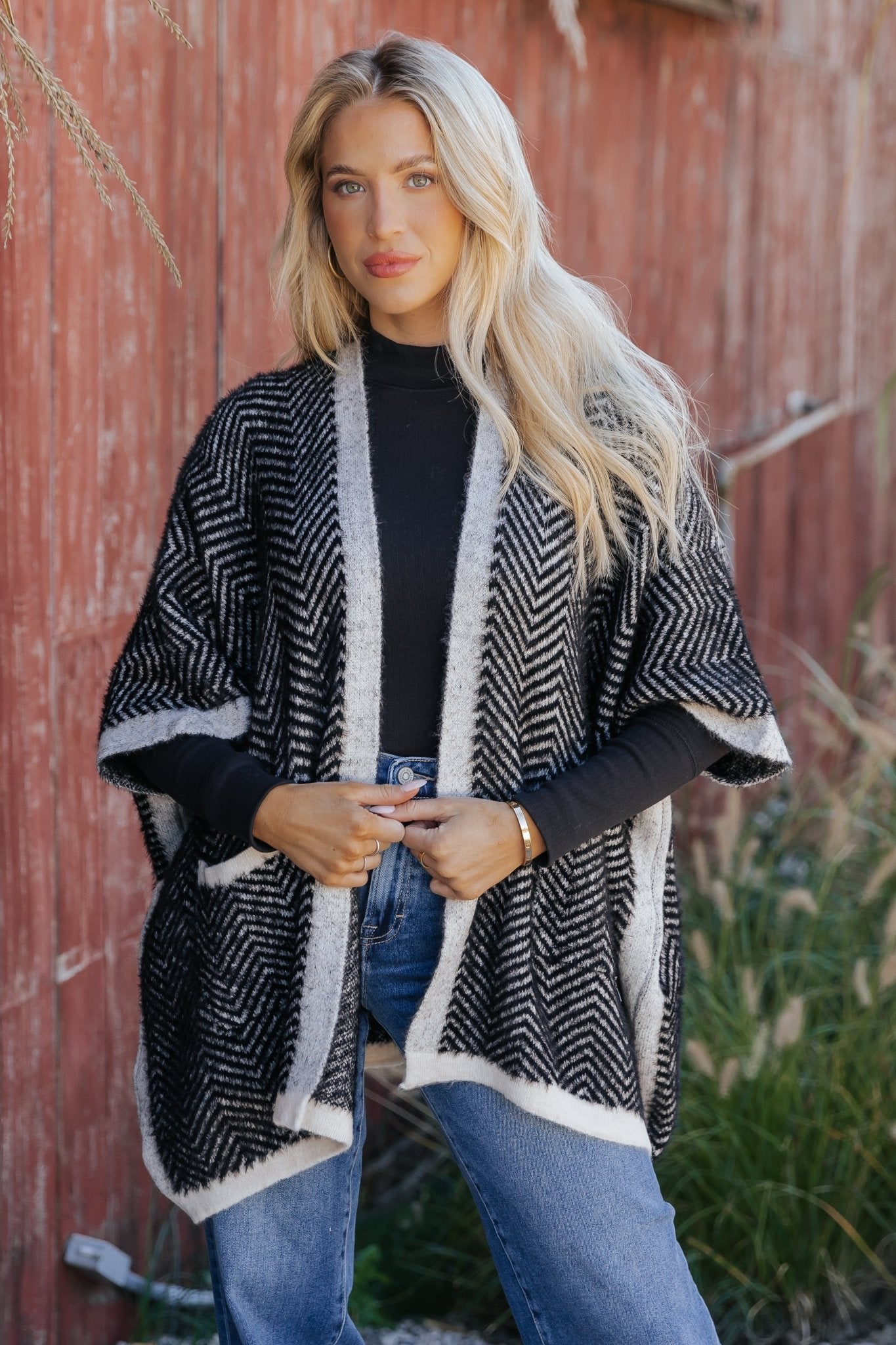 Fuzzy Black Herringbone Kimono