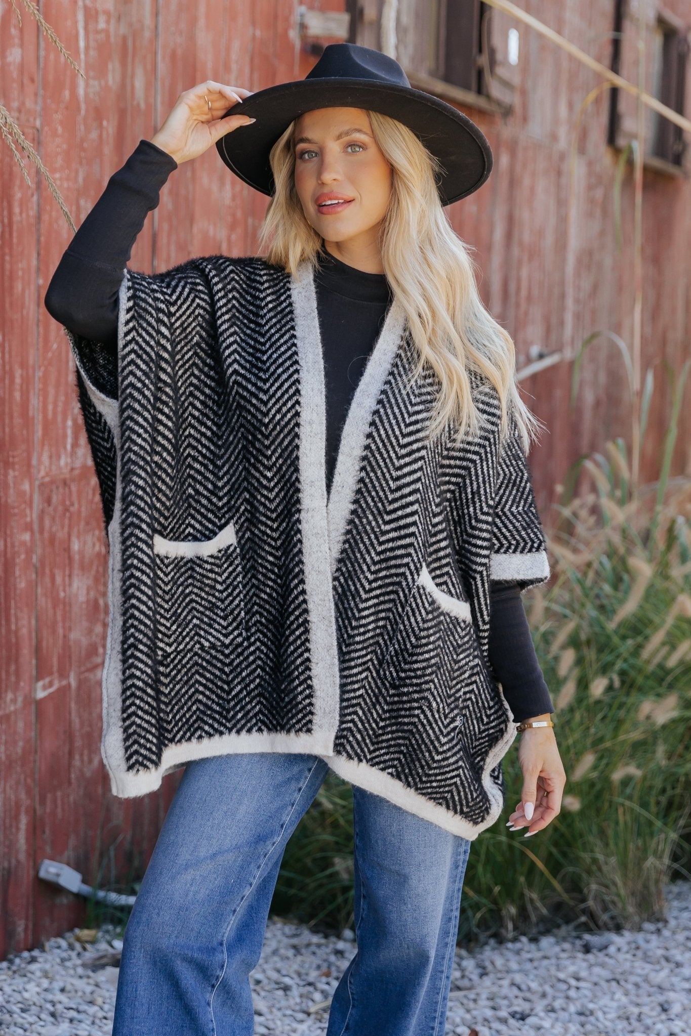Fuzzy Black Herringbone Kimono