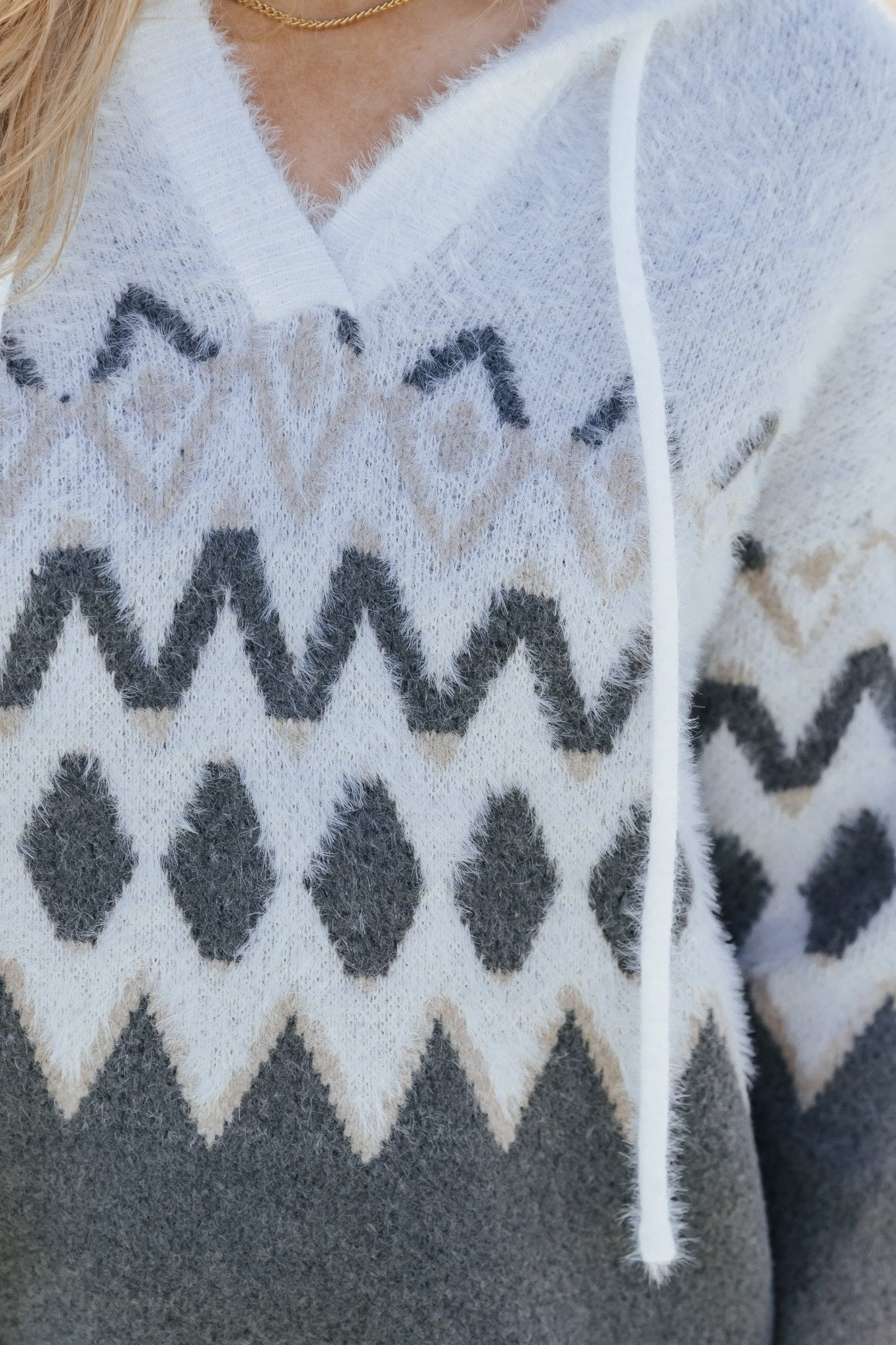 Fuzzy Grey Nordic Print Hooded Sweater
