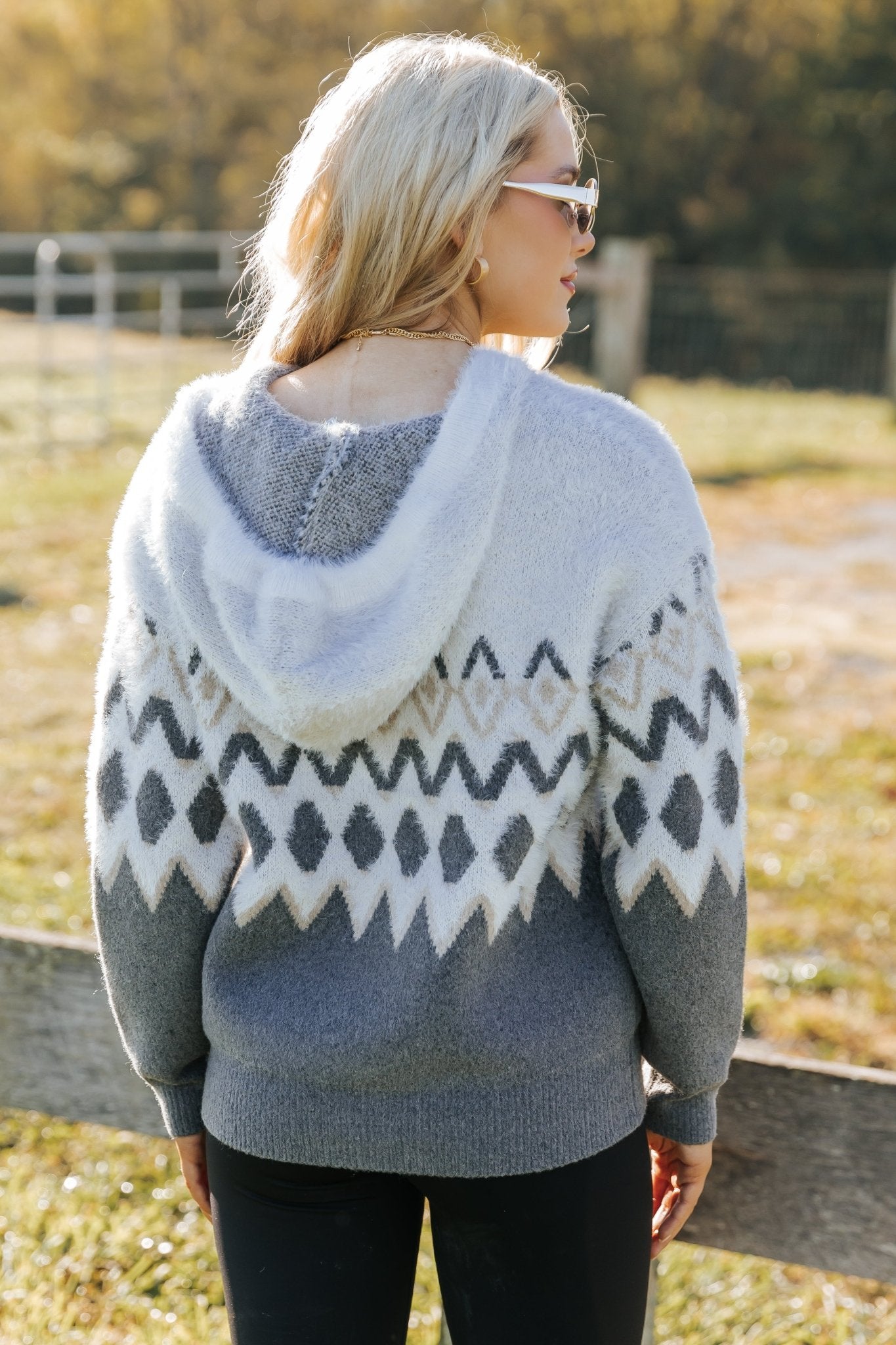 Fuzzy Grey Nordic Print Hooded Sweater