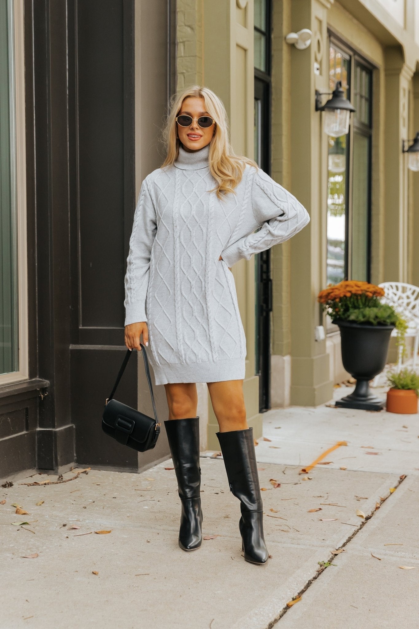 Grey Cable Knit Sweater Dress