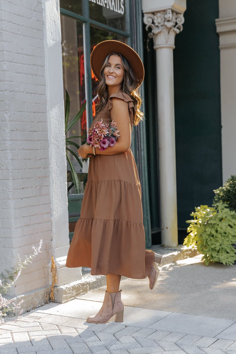 Laney Brown Smocked Midi Dress