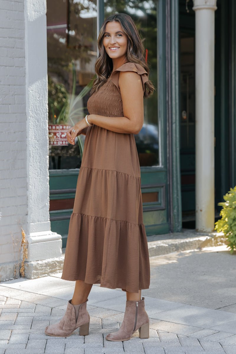 Laney Brown Smocked Midi Dress