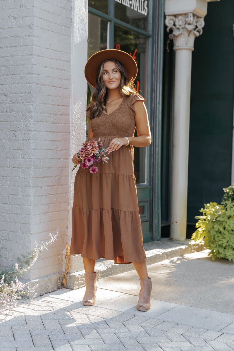 Laney Brown Smocked Midi Dress