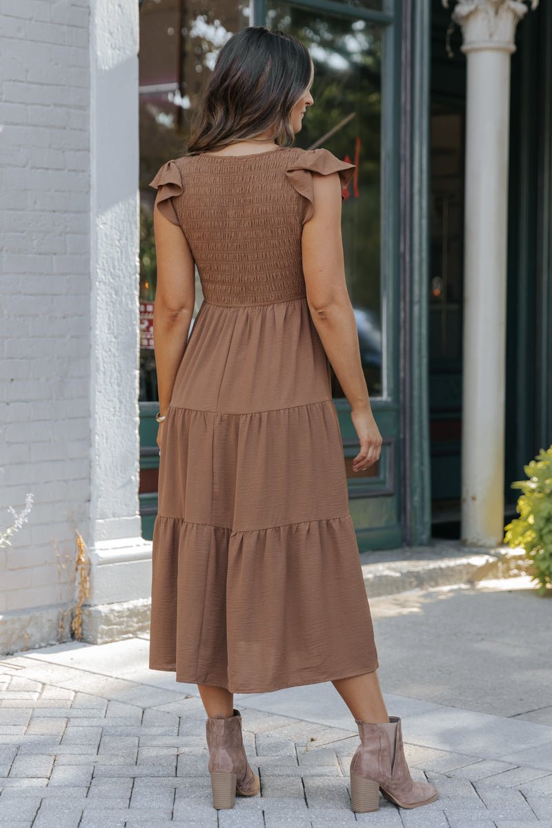 Laney Brown Smocked Midi Dress