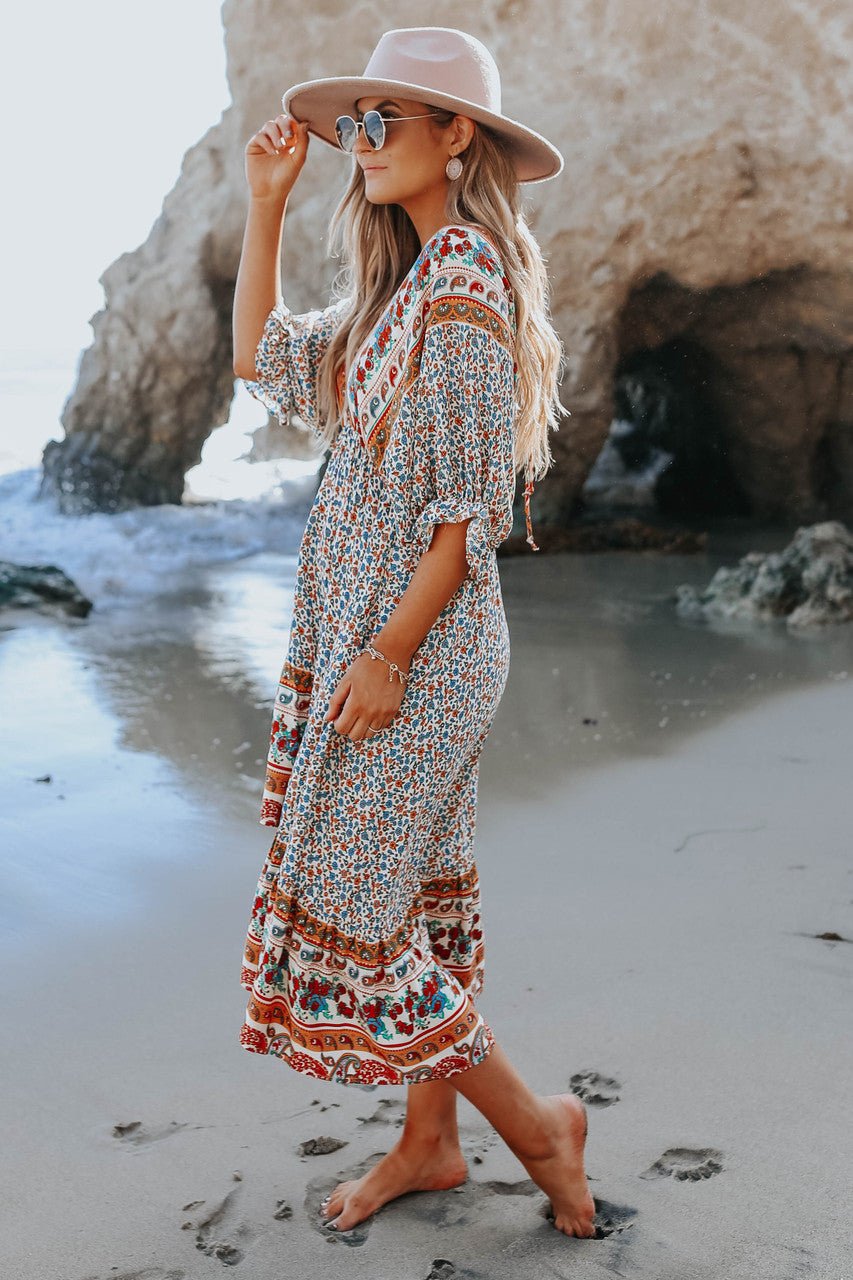 Mediterranean Mixed Floral Border Print Ruffle Hem Maxi Dress - FINAL SALE