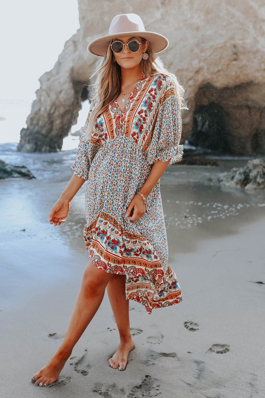 Mediterranean Mixed Floral Border Print Ruffle Hem Maxi Dress - FINAL SALE