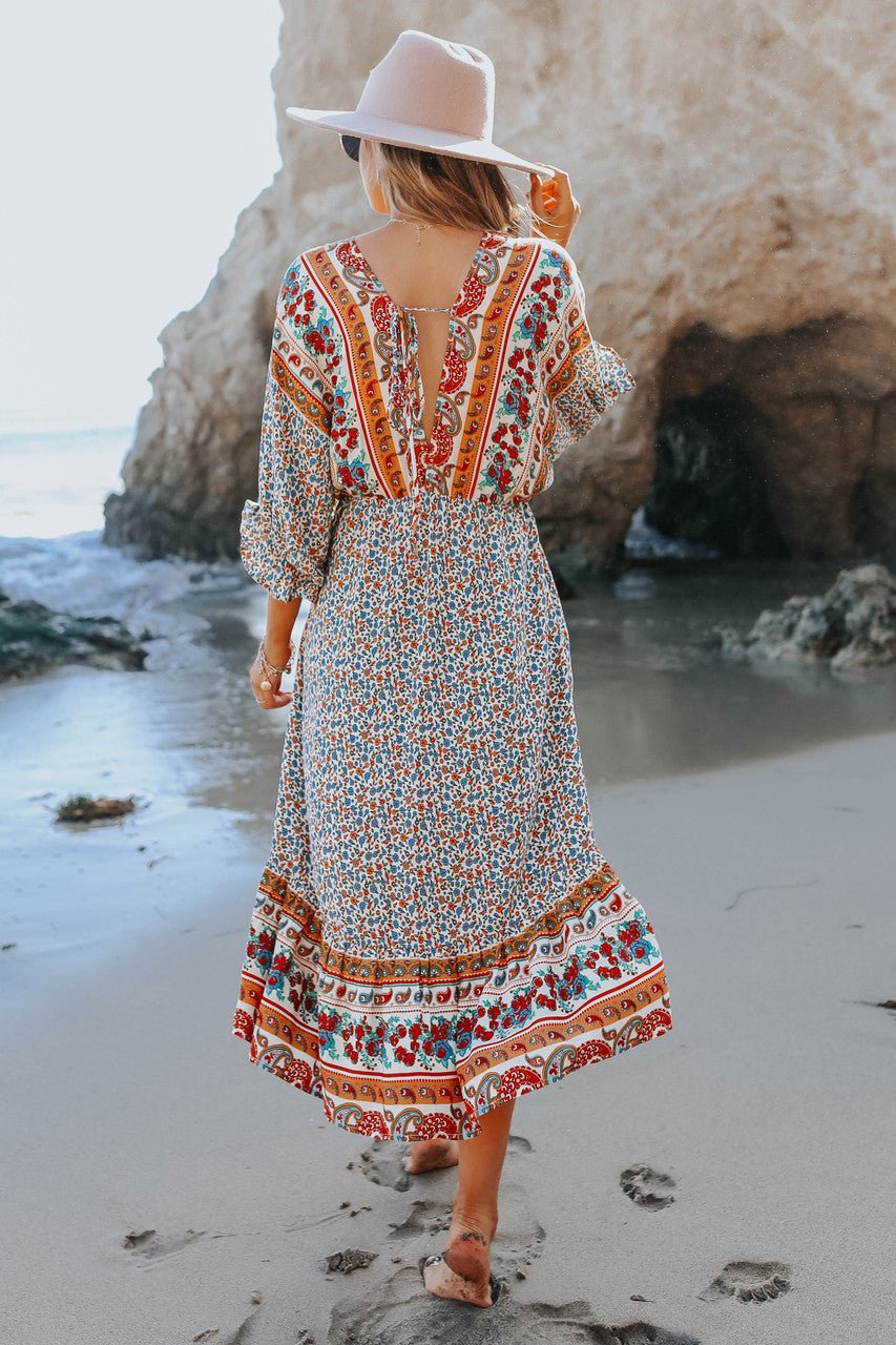 Mediterranean Mixed Floral Border Print Ruffle Hem Maxi Dress - FINAL SALE