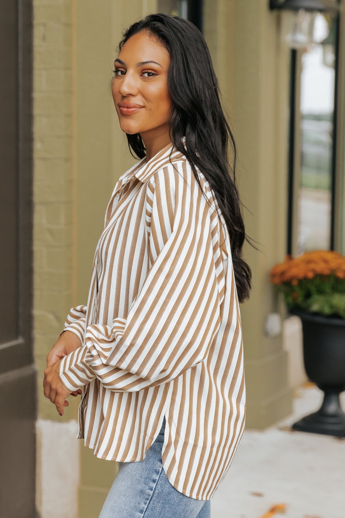 Muse By Magnolia Camel Striped Button Down Shirt