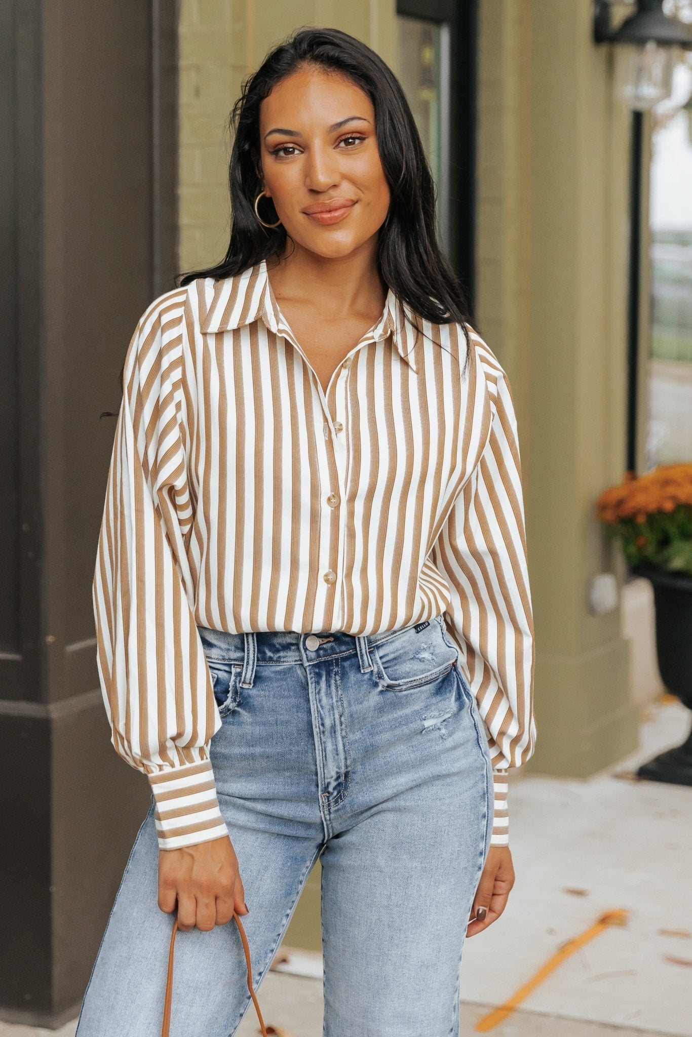 Muse By Magnolia Camel Striped Button Down Shirt