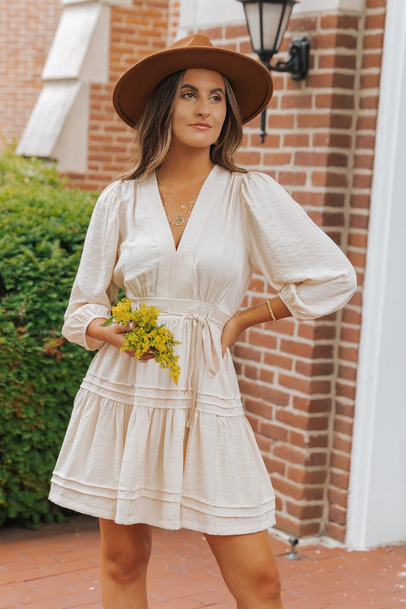 Natural Pin-tuck Tie Waist Mini Dress - FINAL SALE
