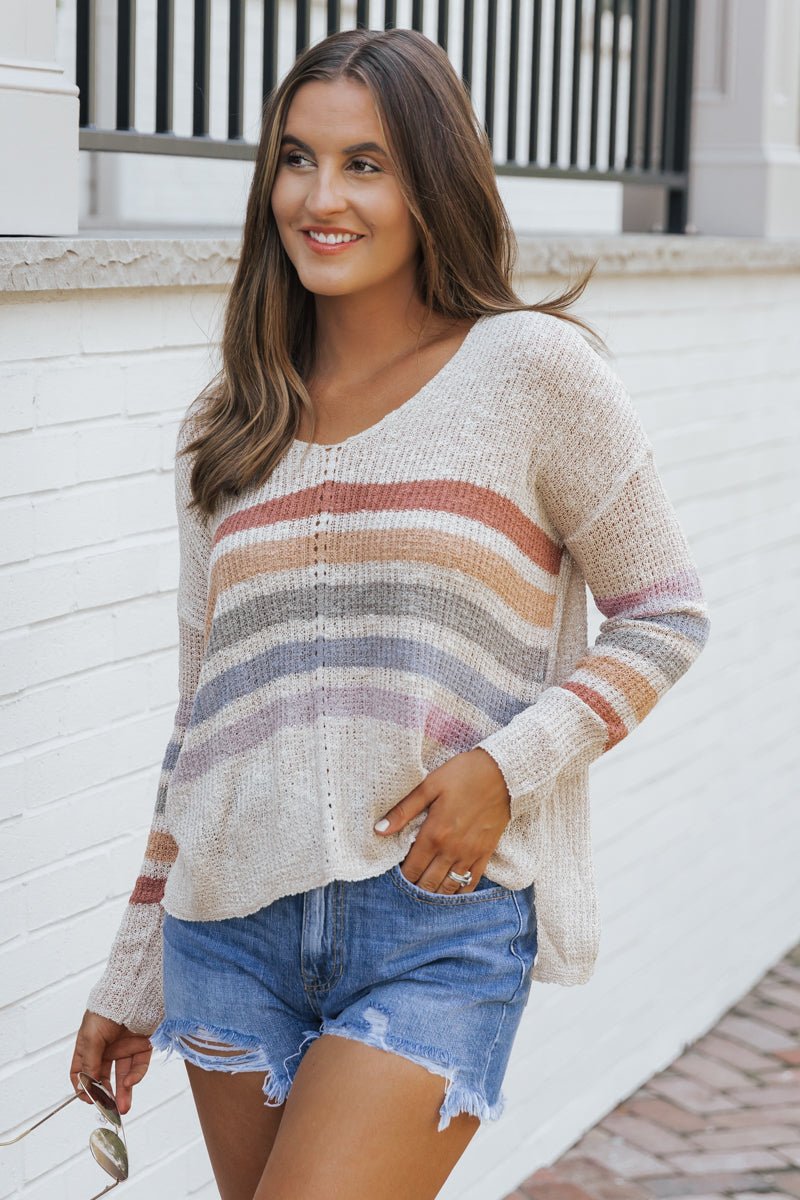 Natural Rainbow Striped V Neck Sweater