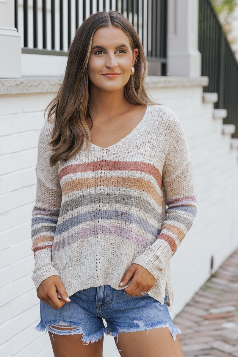 Natural Rainbow Striped V Neck Sweater