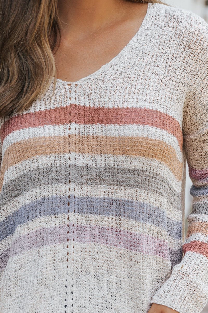 Natural Rainbow Striped V Neck Sweater