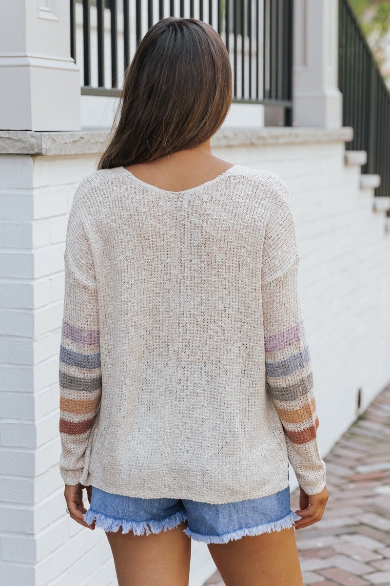 Natural Rainbow Striped V Neck Sweater