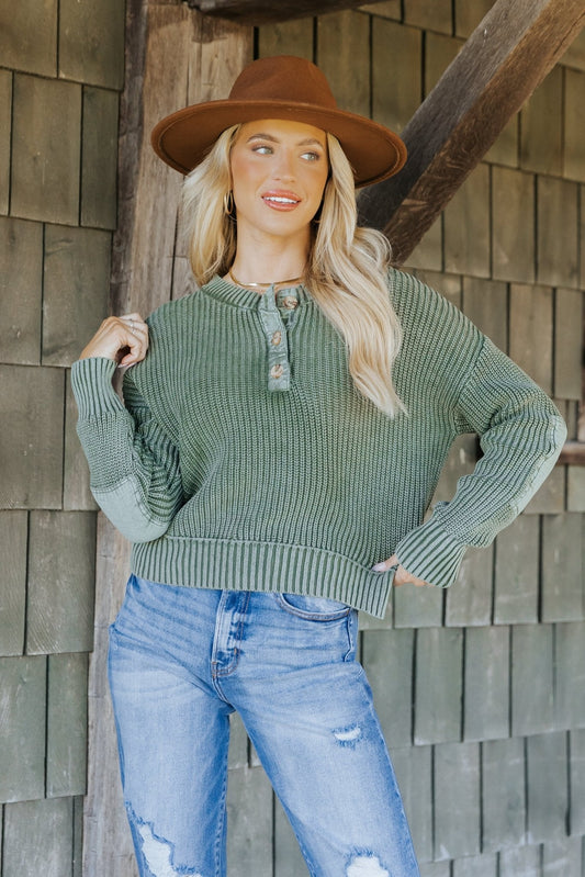 Olive Washed Henley Sweater