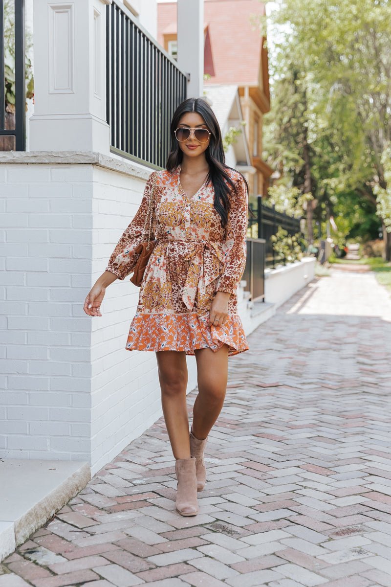 Orange Floral Print Belted Mini Dress - FINAL SALE