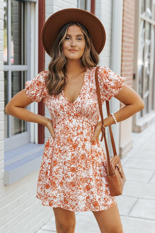 Orange Floral Print Smocked Mini Dress - FINAL SALE