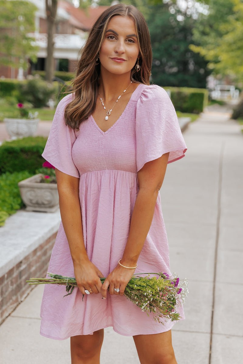 Pink Short Sleeve Smocked Mini Dress - FINAL SALE