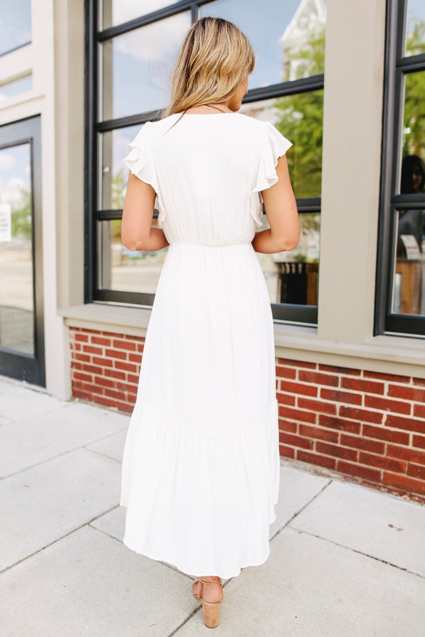Ruffle Sleeve Surplice White Midi Dress - FINAL SALE