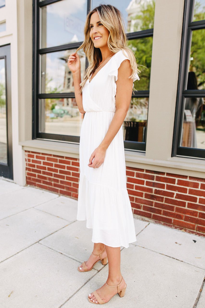 Ruffle Sleeve Surplice White Midi Dress - FINAL SALE
