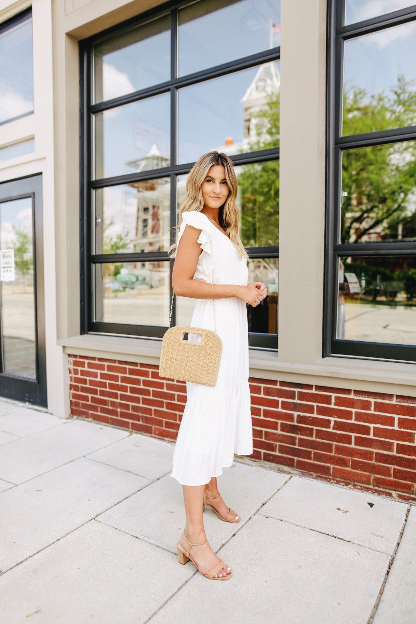 Ruffle Sleeve Surplice White Midi Dress - FINAL SALE