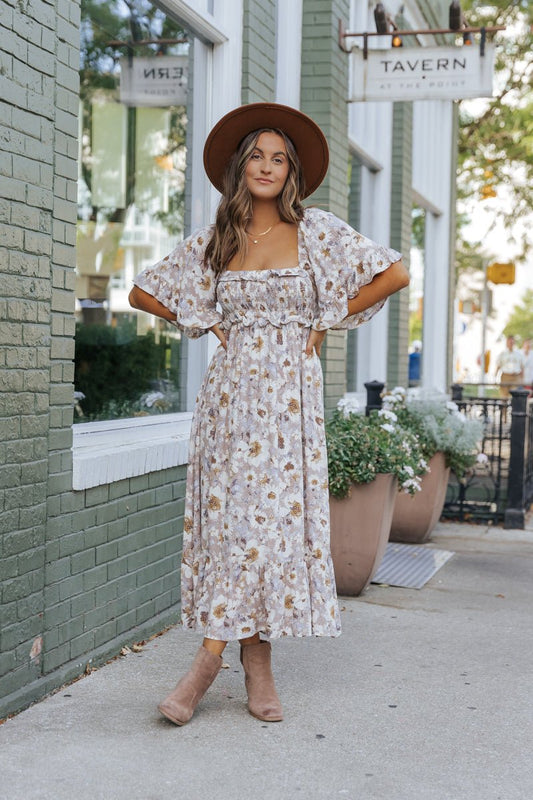 Taupe Floral Print Ruffle Sleeve Midi Dress