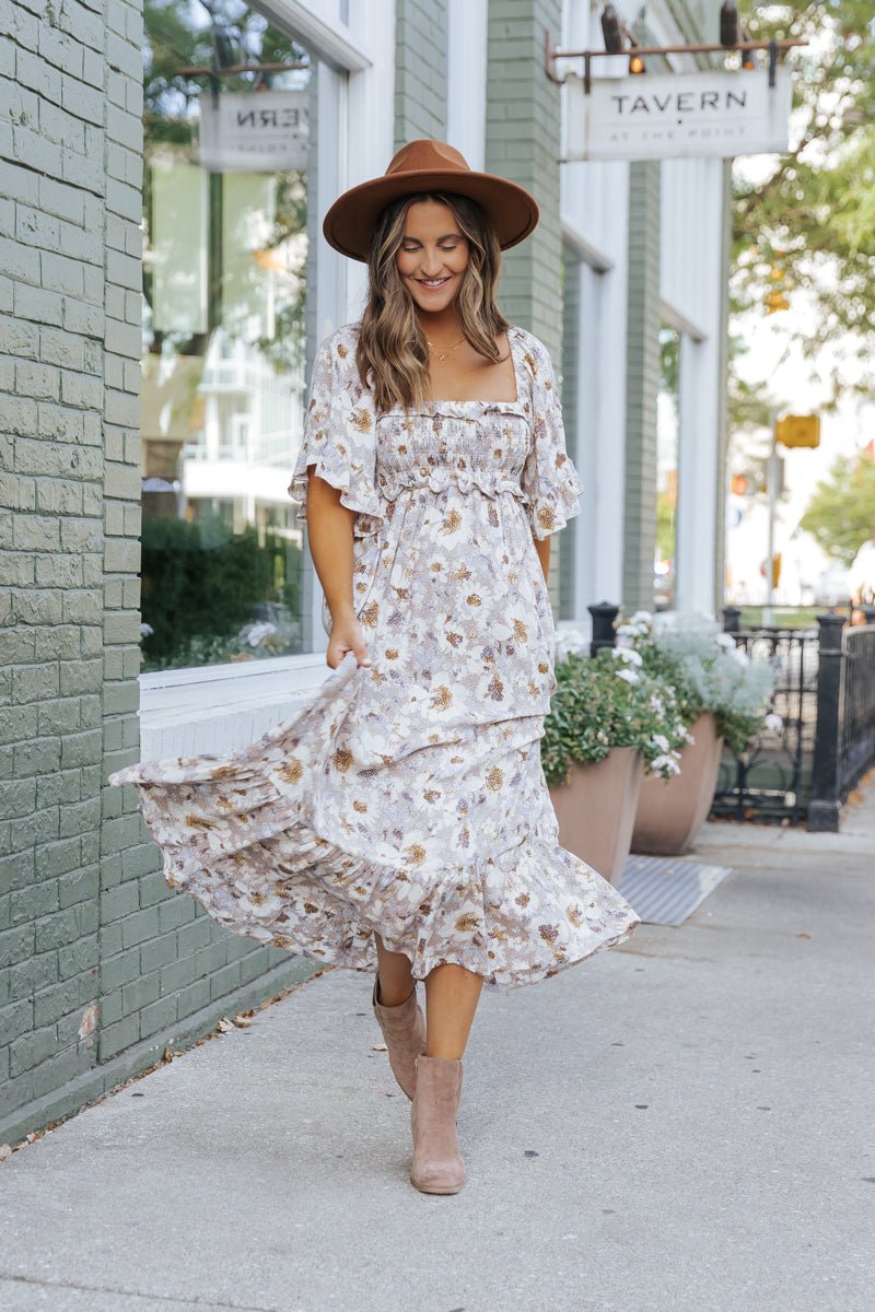 Taupe Floral Print Ruffle Sleeve Midi Dress