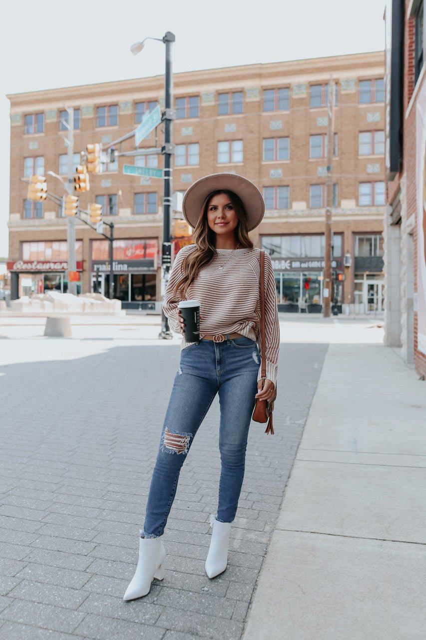 Two Tone Boatneck Camel Ribbed Sweater