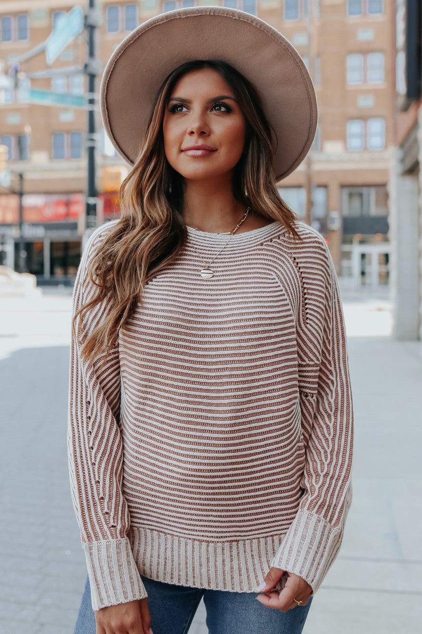 Two Tone Boatneck Camel Ribbed Sweater