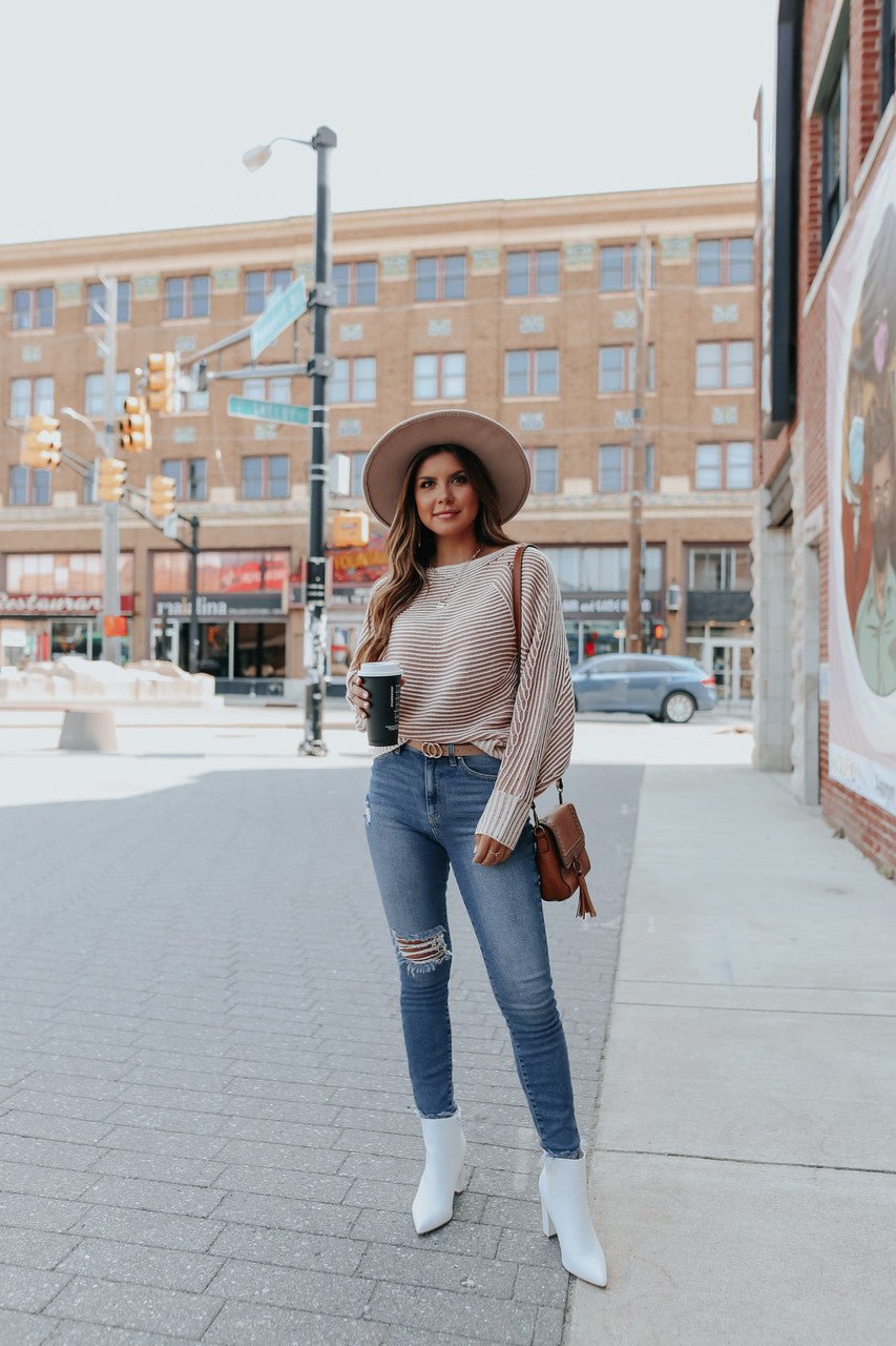 Two Tone Boatneck Camel Ribbed Sweater