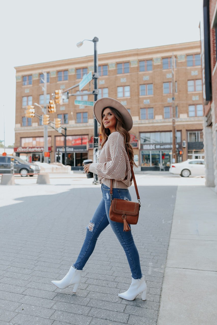 Two Tone Boatneck Camel Ribbed Sweater