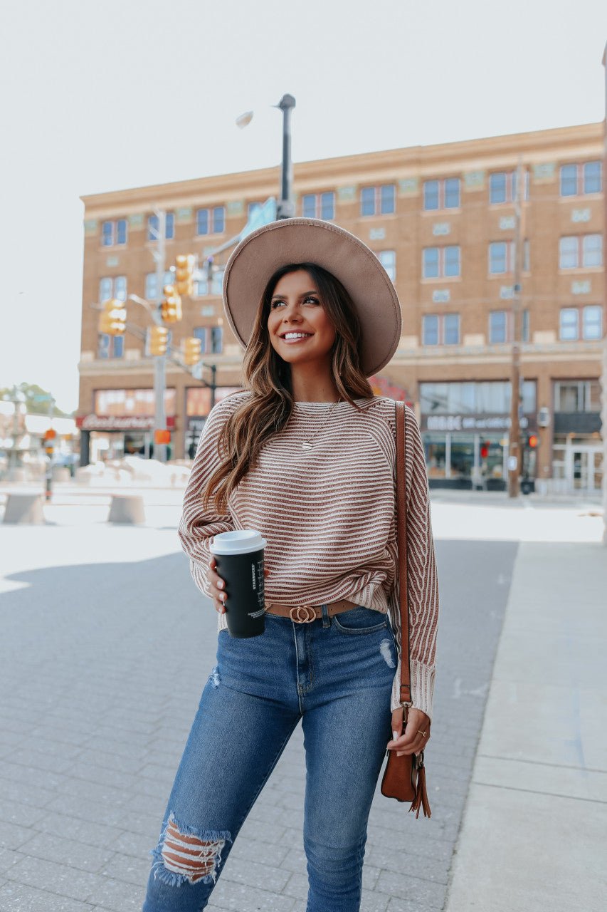 Two Tone Boatneck Camel Ribbed Sweater