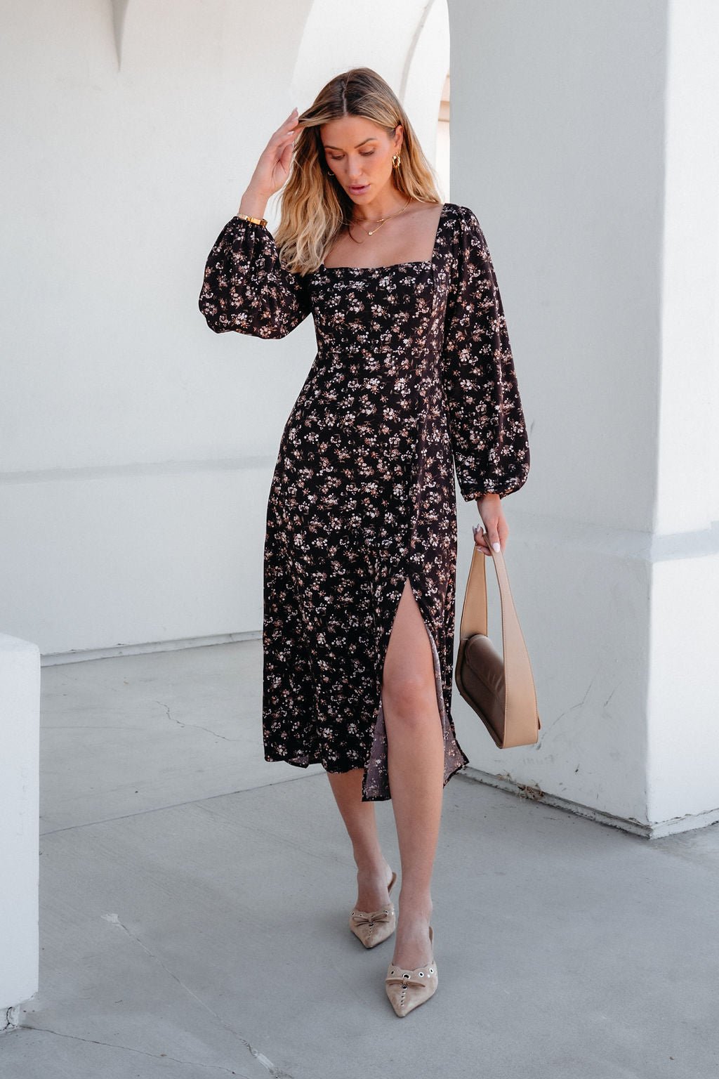 Waiting For You Floral Slit Midi Dress
